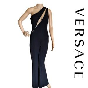 VERSACE 1969 ABBIGLIAMENTO SPORTIVE BAMA BLACK ZIPPER ONE SHOULDER JUMPSUIT